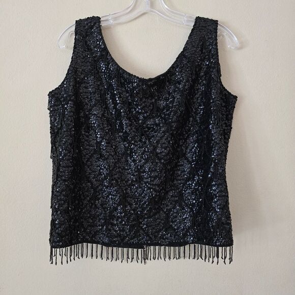 Elegant Black Sequin Sleeveless Top Fringe Vintage 100% Wool Size Large Glam - Picture 1 of 4